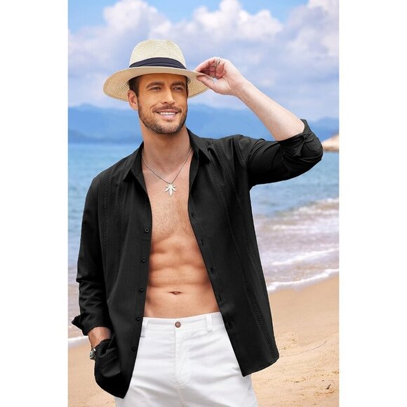 ❤️Mens Black Cuban Shirt Casual Button Down  Long Sleeve Beach Linen Shirts - Picture 2 of 7